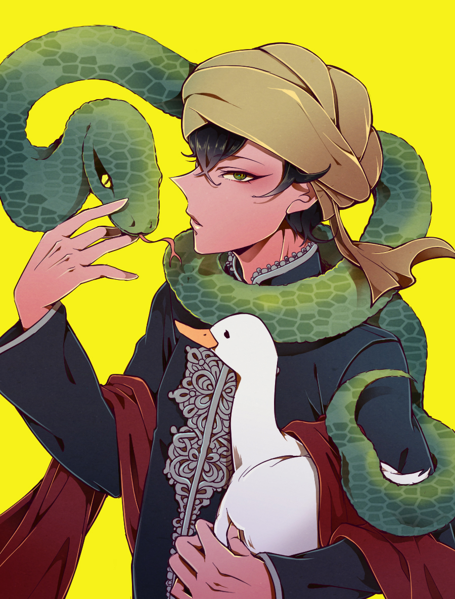 akira_agarkar_yamada bird black_hair dark_skin dark_skinned_male duck green_eyes snake tapioka tsuritama turban yoshikiri