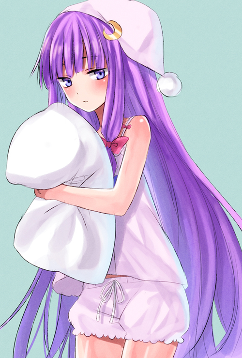 bad_id bad_pixiv_id bare_shoulders bloomers blush bow crescent crescent_hair_ornament hair_bow hair_ornament hat long_hair midorikawa_you nightcap patchouli_knowledge pillow pillow_hug purple_eyes purple_hair solo touhou underwear very_long_hair