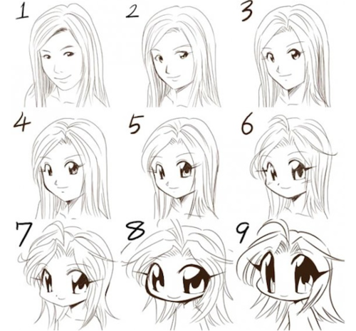 ahoge artist_request chibi comparison copyright_request eyes greyscale lowres monochrome number parody progression realistic smile source_request style_parody