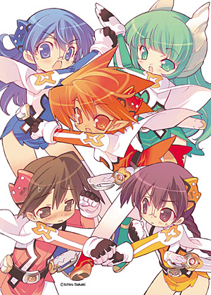 4girls :o bangs belt bent_over blade_(galaxist) blue_eyes blue_hair blunt_bangs blush braid brown_hair capelet clenched_hands dual_persona embarrassed falce gloves green_eyes green_hair hair_ornament hasegawa_suzuho hasegawa_takuto holding_hands horns long_hair lowres magician's_academy multiple_girls official_art open_mouth orange_eyes orange_hair panties pantyshot pantyshot_(standing) pointy_ears pose purple_eyes purple_hair sentai short_hair single_braid standing sword tan tanarot underwear very_long_hair weapon white_panties