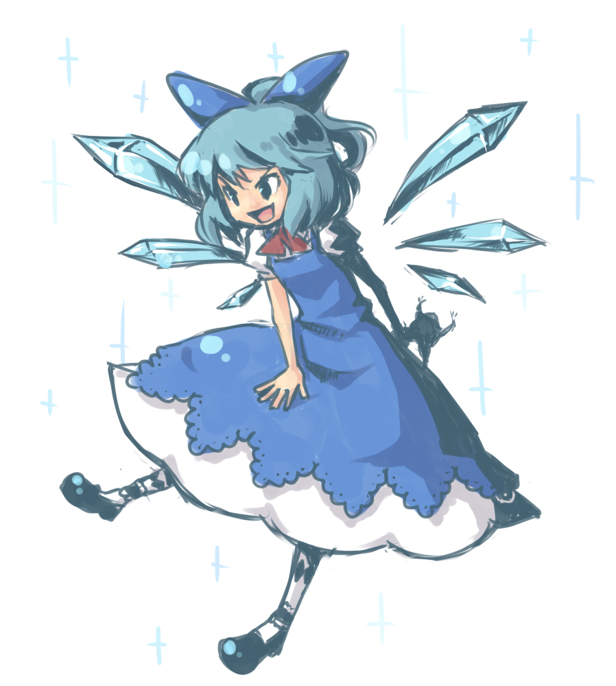 aiu bad_id bad_pixiv_id blue_eyes blue_hair bow cirno dress frog hair_ribbon ribbon short_hair solo touhou wings