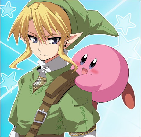 artist_request blonde_hair blue_eyes kirby kirby_(series) link lowres pointy_ears smile super_smash_bros. the_legend_of_zelda