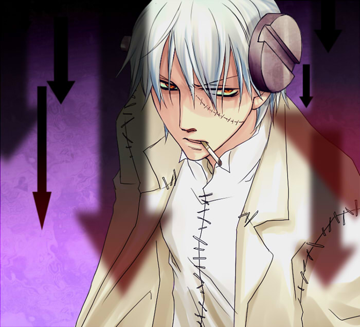 cigarette dr_franken_stein kiyocco male_focus red_eyes silver_hair smoking solo soul_eater stitches