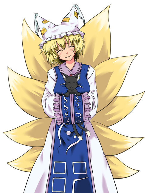:3 blonde_hair cat chen chen_(cat) earrings fox_tail hat hiromasa jewelry kyuubi long_sleeves multiple_tails pillow_hat short_hair solo tail tassel touhou white_background wide_sleeves yakumo_ran
