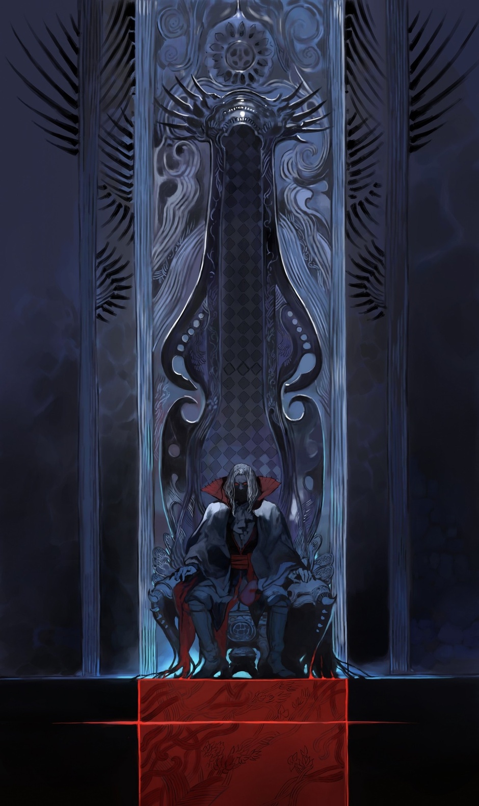 boots cape castlevania castlevania:_order_of_ecclesia chair checkered cravat dark dracula glowing glowing_eyes gothic high_collar highres hirooka_masaki long_sleeves male_focus official_art red_carpet red_eyes sash sitting solo throne white_hair wide_shot