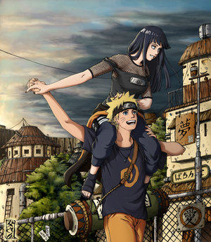 1girl blonde_hair blue_eyes breasts building carrying chain-link_fence cleavage cloud couple denim fence fishnets forehead_protector hand_on_head hetero holding_hands hyuuga_hinata jacket jeans jewelry kunoichi-san large_breasts long_hair lowres naruto naruto_(series) naruto_shippuuden necklace ninja open_mouth pants piggyback power_lines purple_hair road_sign sandals scenery scroll shirt sign sky smile strap_slip sunset t-shirt tank_top translation_request tree uzumaki_naruto white_eyes
