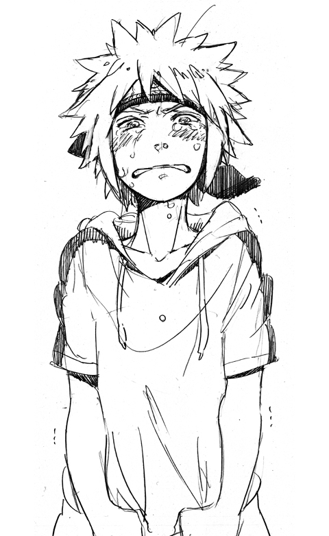 crying forehead_protector headband hood hood_down hoodie looking_at_viewer male male_focus monochrome namikaze_minato naruto solo tears terragin young younger