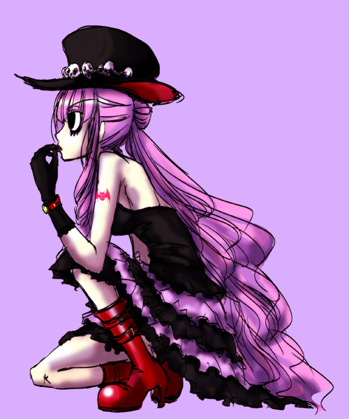 1girl bat_(symbol) boots dress female gloves hat high_heel_boots high_heels lipstick long_hair makeup one_piece perona pink_hair pupupu red_shoes shoes simple_background solo tattoo