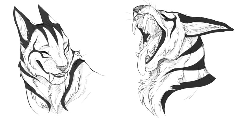 ambiguous_gender eyes_closed fangs feline happy mammal monochrome open_mouth portrait sabertooth sketch smile tegusaurus tiger tongue tongue_out