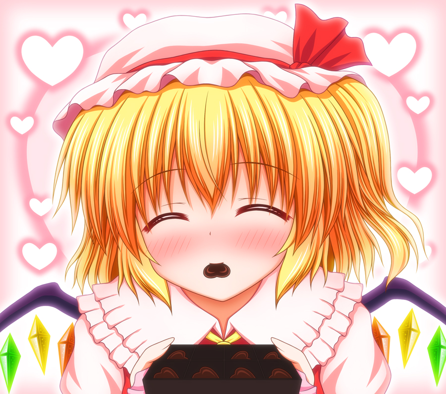 ^_^ ascot blonde_hair blush chocolate chocolate_heart closed_eyes dress face flandre_scarlet hat hat_ribbon heart md5_mismatch mouth_hold nagana_sayui puffy_sleeves red_dress ribbon shirt smile solo touhou upper_body valentine wings