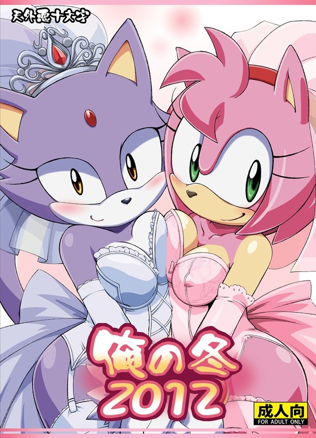 2012 amber_eyes amy_rose blaze_the_cat blush breast_squish breasts clothed clothing crown feline female green_eyes hedgehog japanese_text sega smile sonic_(series) text unknown_artist