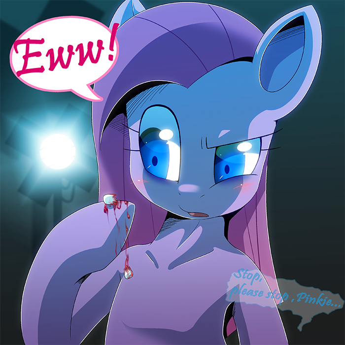 blue_eyes blush dialog english_text equine female feral flat_chested friendship_is_magic hair horse light long_hair mammal my_little_pony oze pink_body pink_hair pinkamena_(mlp) pinkie_pie_(mlp) pony solo straight_hair teeth text tooth