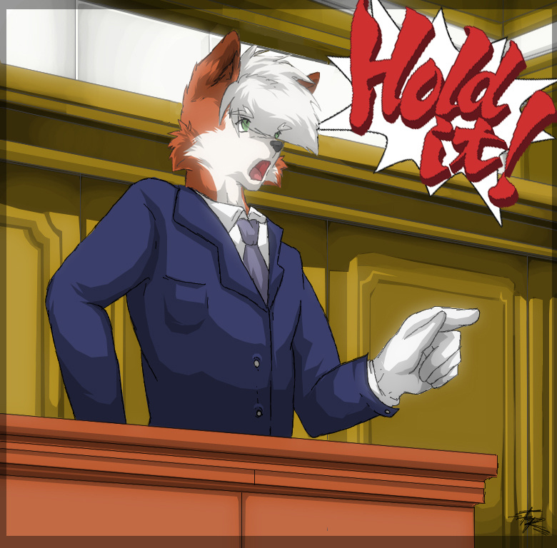 ace_attorney button canine clothing courtroom dialog english_text fox fur furrification furryratchet gloves green_eyes hair male mammal necktie open_mouth orange_fur phoenix_wright phoenix_wright_(series) phoenix_wright_ace_attorney pocket pointy_ears shadow shiny short_hair solo suit talking text tongue video_games white_fur white_hair yelling