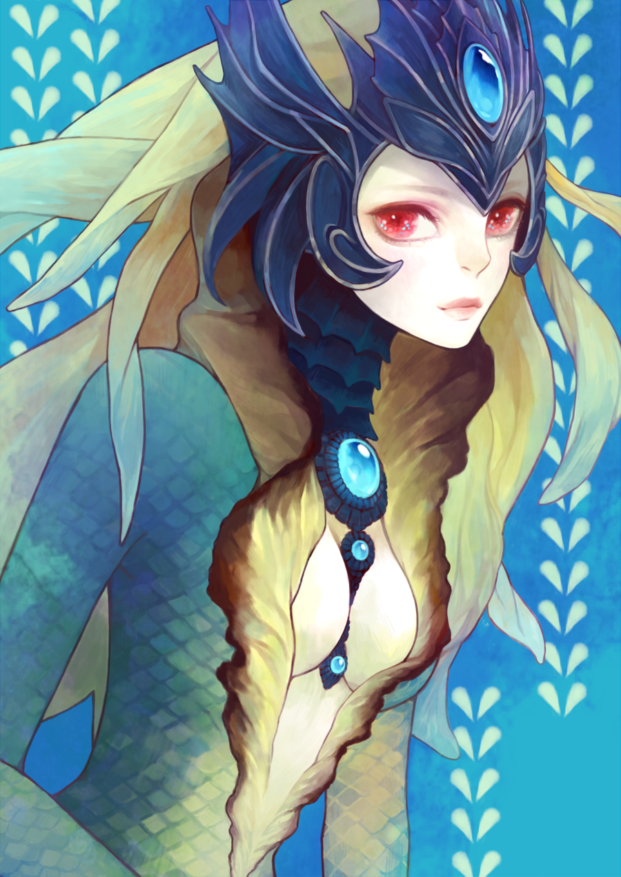 between_breasts breasts center_opening forehead_jewel heather37 helmet highres league_of_legends long_hair looking_at_viewer mermaid monster_girl nami_(league_of_legends) red_eyes scales solo