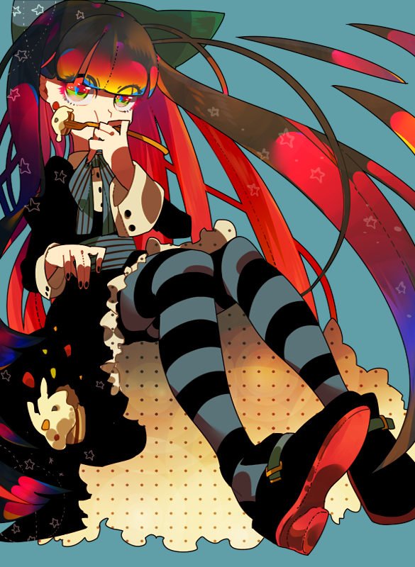 bad_id bad_pixiv_id blue_background bow bowtie cake covering_mouth falling food fork karabako long_hair multicolored multicolored_eyes multicolored_hair nail_polish panty_&amp;_stocking_with_garterbelt pantyhose polka_dot shoes simple_background solo stocking_(psg) striped striped_legwear