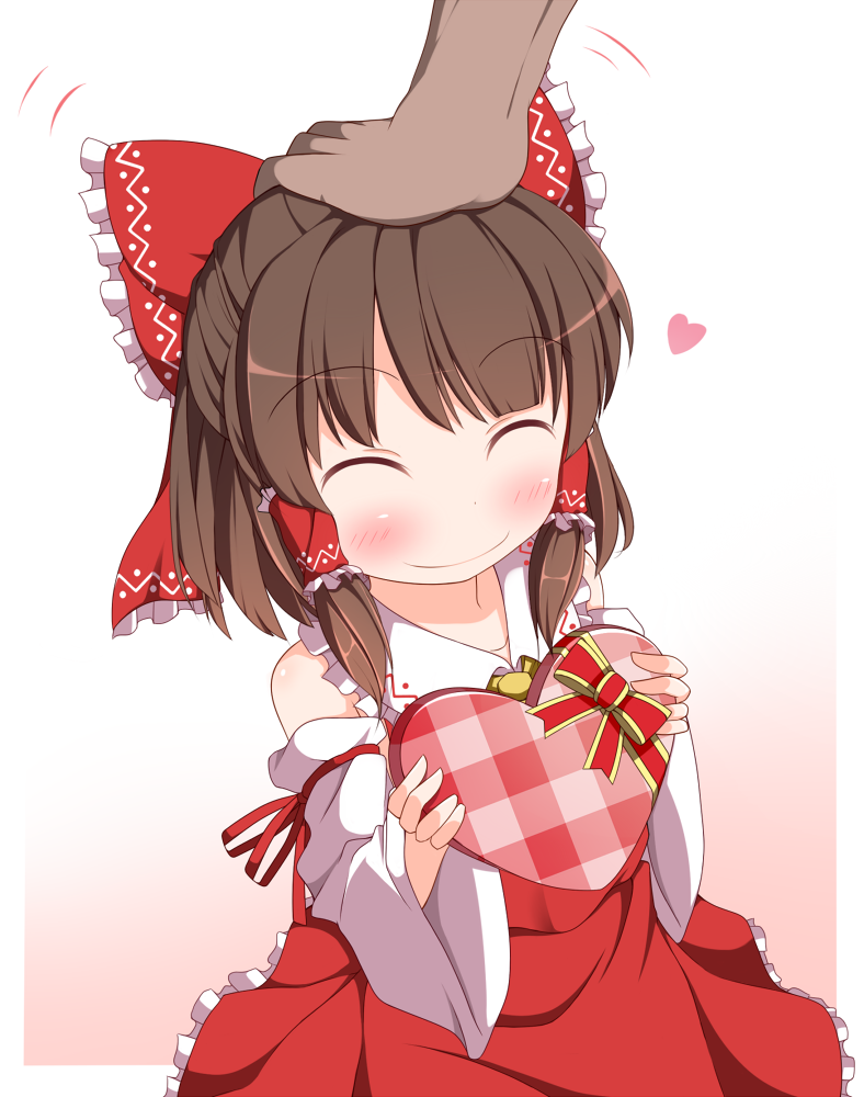 blush bow box brown_hair closed_eyes detached_sleeves dress father_and_daughter gift gift_box hair_bow hair_tubes hakurei_reimu heart heart-shaped_box long_sleeves nikku_(ra) out_of_frame petting red_dress ribbon smile solo_focus touhou valentine wide_sleeves younger