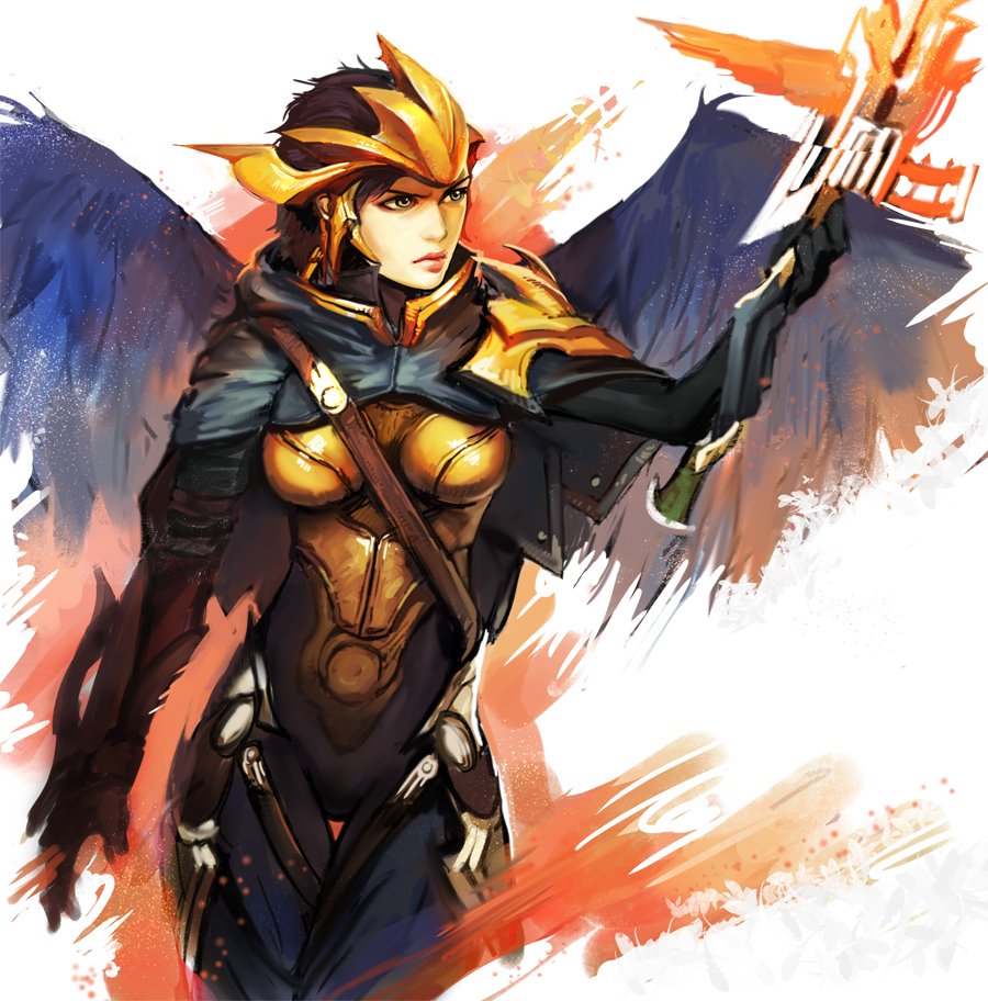 armor bad_id bad_pixiv_id bow_(weapon) breastplate brown_hair crossbow forehead_protector jang_ju_hyeon league_of_legends quinn short_hair solo weapon wings