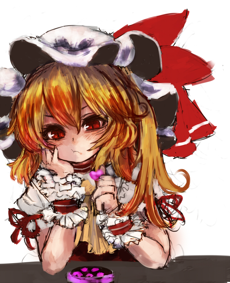 :t ascot blonde_hair candy choker flandre_scarlet food gobou_(gbu) hat head_rest heart red_eyes short_hair side_ponytail simple_background sketch solo touhou valentine white_background wrist_cuffs