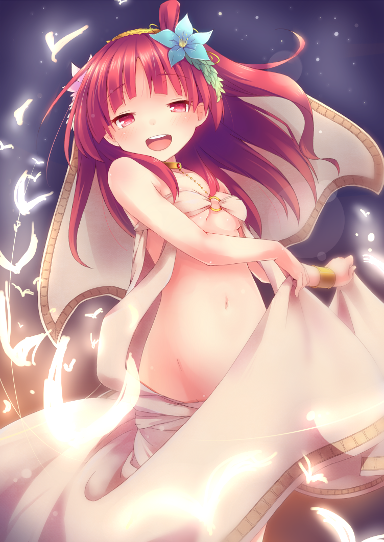 :d blush bracelet breasts bug butterfly dancing hair_bun insect jewelry long_hair looking_at_viewer magi_the_labyrinth_of_magic midriff mokoke morgiana navel o-ring o-ring_top open_mouth red_eyes red_hair short_hair small_breasts smile solo