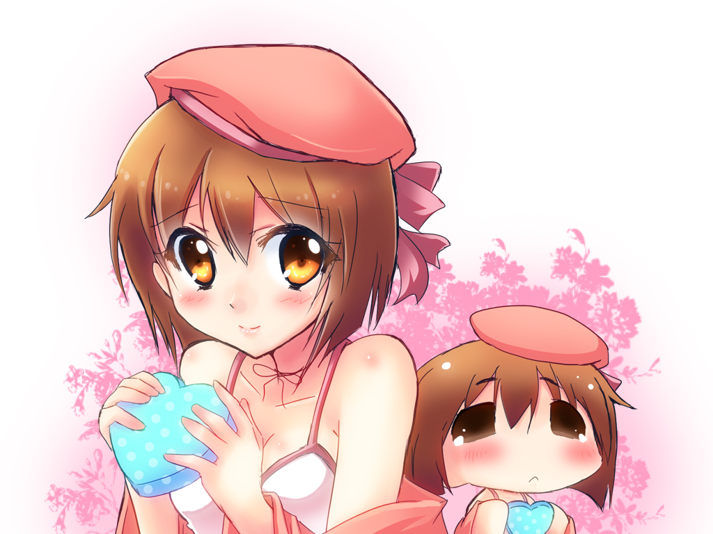 blush box brown_eyes brown_hair chibi hagiwara_yukiho hat heart heart-shaped_box idolmaster idolmaster_(classic) multiple_girls puchimasu! ribbon ryusei2u valentine yukipo