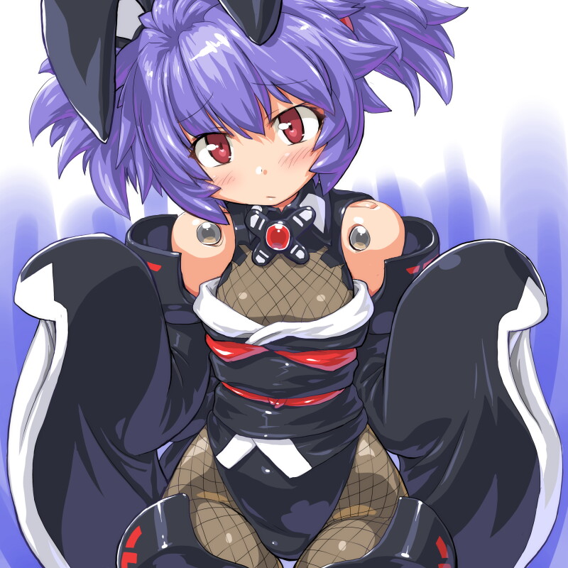 :o altines animal_ears black_legwear blue_hair bunny_ears busou_shinki dd_(ijigendd) doll_joints japanese_clothes kimono looking_at_viewer red_eyes short_hair solo twintails
