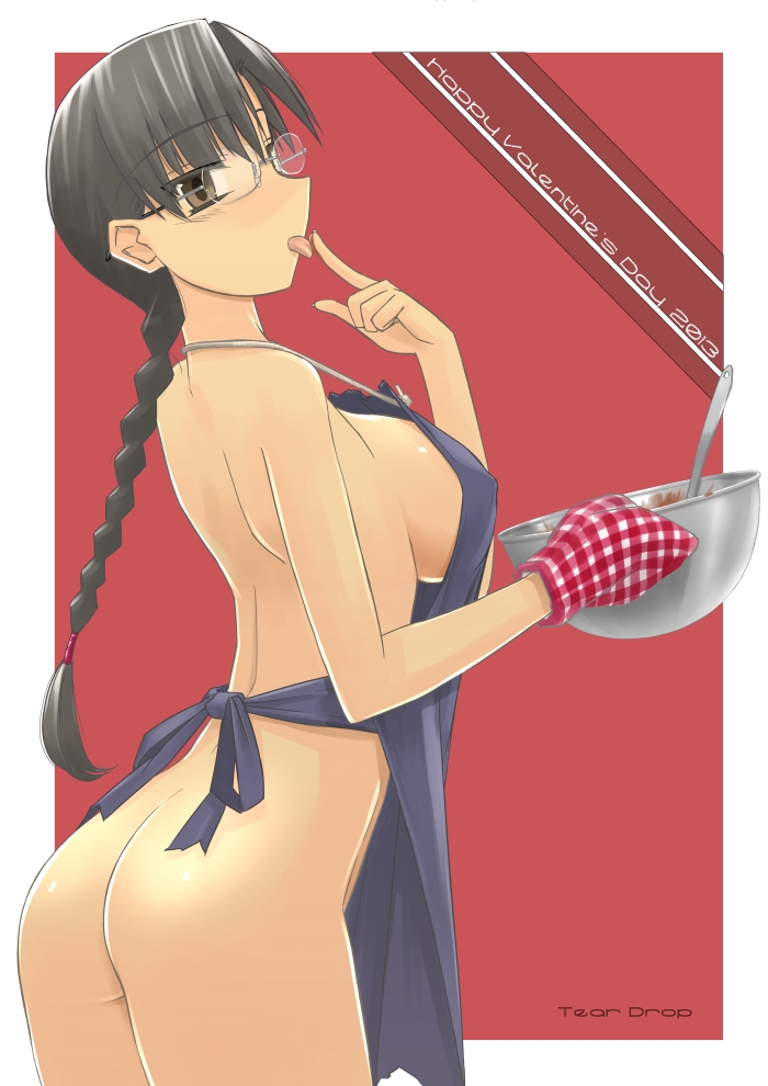 2013 apron ass back black_hair braid breasts brown_eyes chocolate chocolate_making cowboy_shot finger_licking from_behind glasses hoshina_tomoko large_breasts licking long_hair looking_at_viewer looking_back mixing_bowl naked_apron oven_mitts red_background sideboob simple_background single_braid solo to_heart tongue tsuina valentine