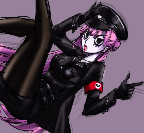1girl alternate_costume cosplay female_soldier gloves hat jacket lipstick long_hair makeup military nazi one_piece perona pink_hair pupupu simple_background solo thighhighs
