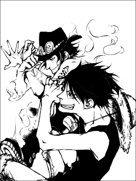 2boys brother brothers fire freckles hat male male_focus monkey_d_luffy monochrome multiple_boys one_piece pixiv_thumbnail portgas_d_ace resized sad_face scar shueisha siblings smiley_face stampede_string straw_hat tattoo topless vessel vesssssel waistcoat