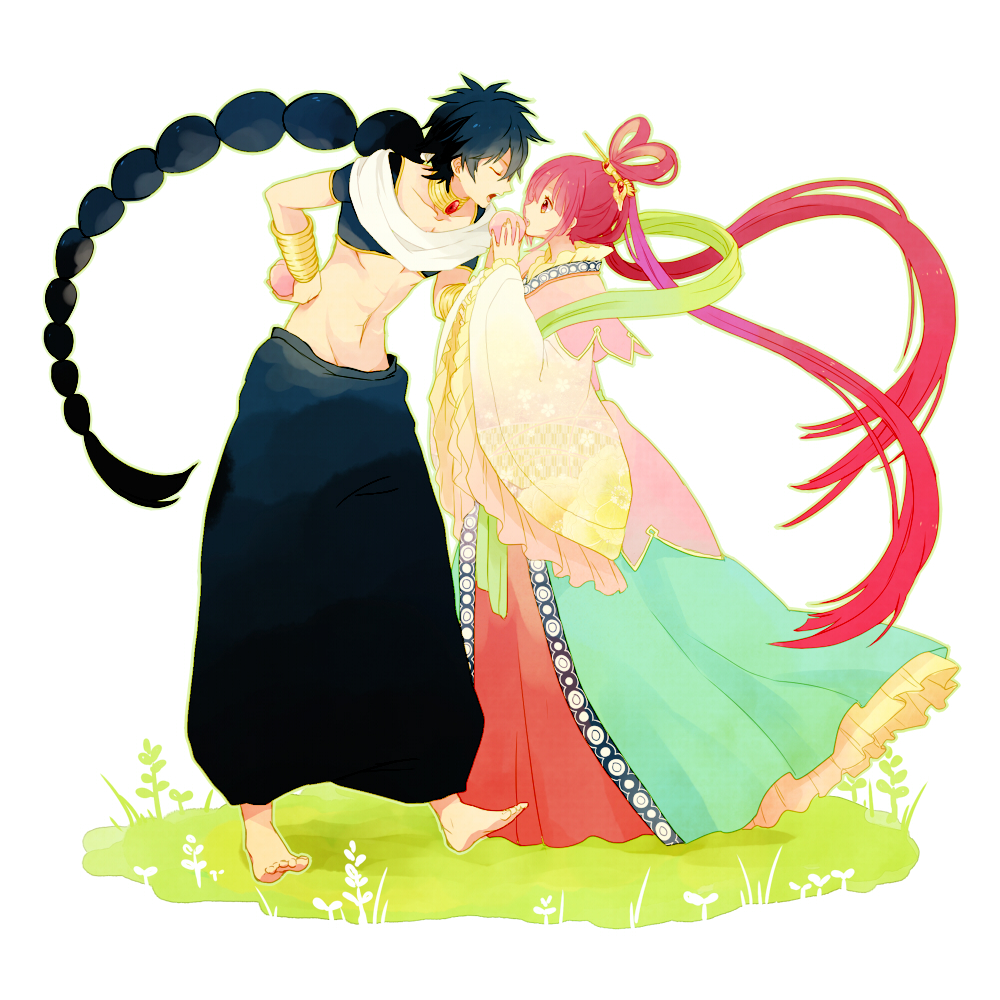 1girl bad_id bad_pixiv_id black_hair braid chinese_clothes closed_eyes food fruit hair_ornament hair_rings hair_stick jewelry judal long_hair magi_the_labyrinth_of_magic neck_ring open_mouth peach red_eyes red_hair ren_kougyoku single_braid yy888s