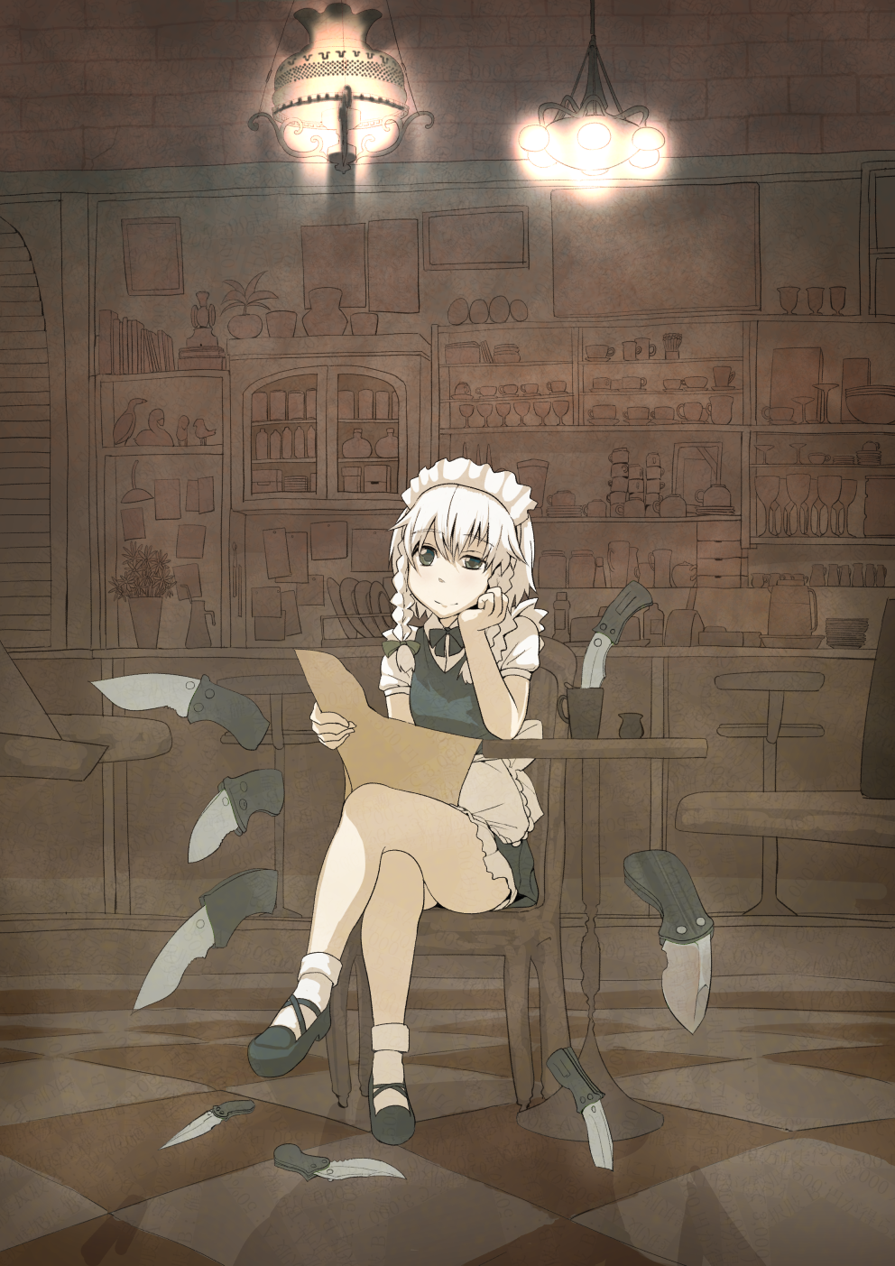 chair chandelier checkered checkered_floor coffee_maker_(object) crossed_legs cup cupboard drinking_glass head_rest headdress highres interior izayoi_sakuya kitchen knife maid plant potted_plant samidare sitting solo table touhou wine_glass
