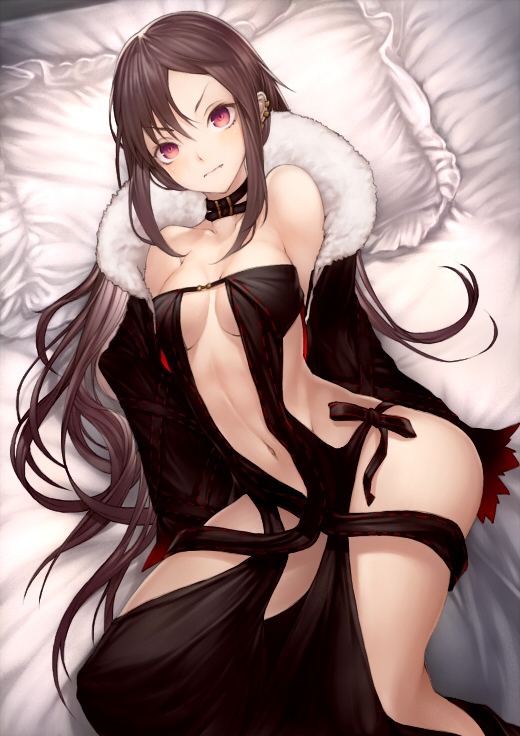 bangs bare_shoulders black_dress black_jacket breasts brown_hair center_opening choker cleavage closed_mouth collarbone consort_yu_(fate) dress fate/grand_order fate_(series) fur-trimmed_jacket fur_collar fur_trim hair_between_eyes hips jacket kyoeiki long_hair long_sleeves looking_at_viewer medium_breasts navel on_bed open_clothes open_jacket pillow red_eyes solo thighs very_long_hair