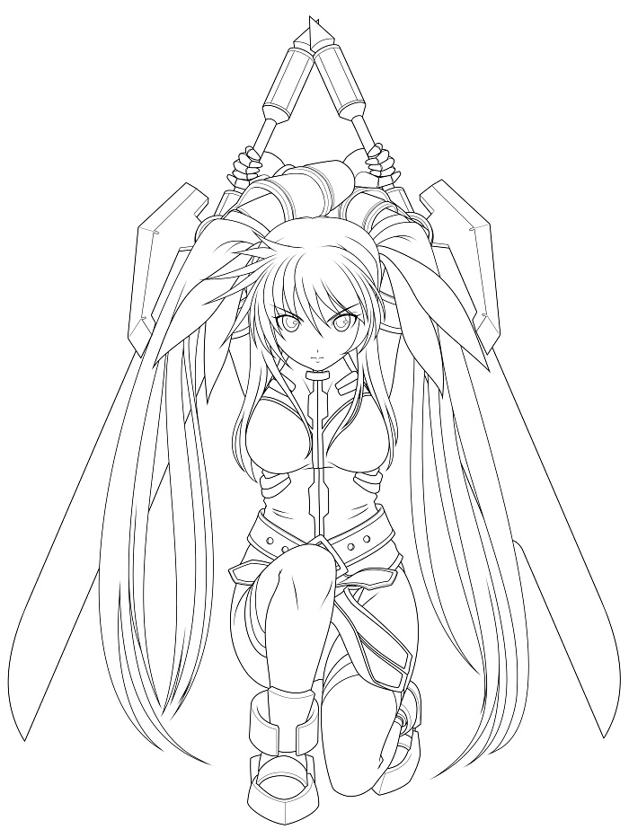 bardiche belt breasts dual_wielding fate_testarossa gauntlets greyscale hair_ribbon holding lineart long_hair looking_at_viewer lyrical_nanoha mahou_shoujo_lyrical_nanoha_strikers medium_breasts monochrome one_knee ribbon solo sword t2r thighhighs twintails weapon