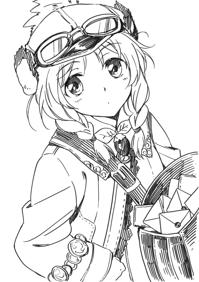 agahari annette_(rune_factory) braid goggles goggles_on_head greyscale monochrome rune_factory simple_background solo white_background