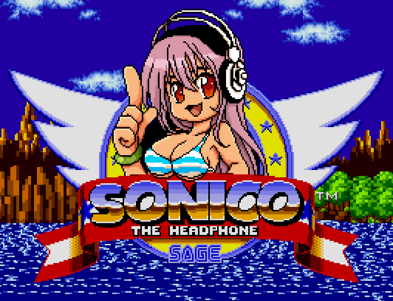 bikini_top breasts cleavage headphones index_finger_raised large_breasts long_hair lovechui nitroplus parody pink_hair pixel_art pun red_eyes smile solo sonic_the_hedgehog super_sonico underboob