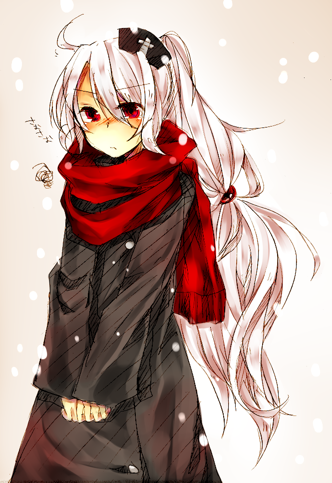 bad_id bad_pixiv_id blush long_hair mugimaro35 original red_eyes scarf sketch snowing solo squiggle very_long_hair white_hair