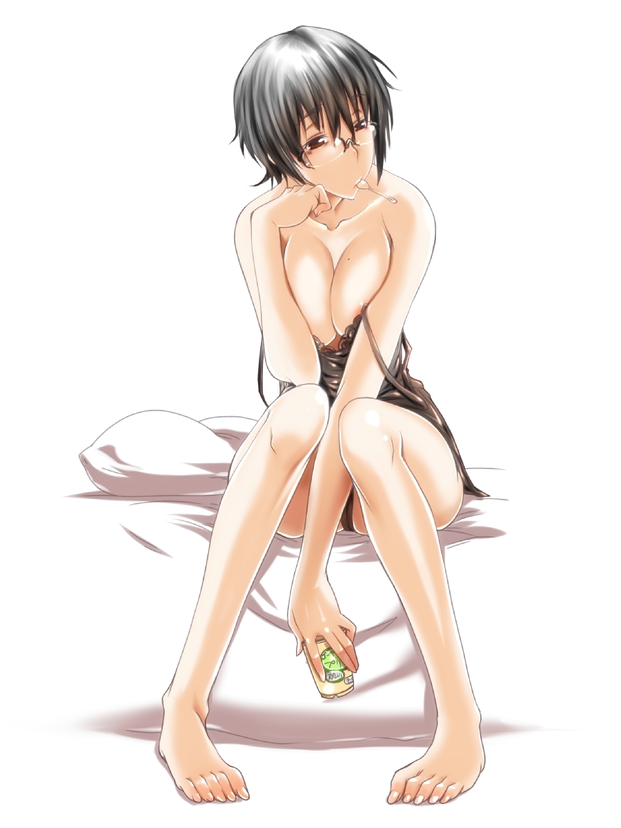 areolae bare_shoulders barefoot black_hair breast_squeeze breasts brown_eyes cleavage ebido feet glasses highres large_breasts legs lingerie long_legs mole mole_on_breast negligee original solo spoon spoon_in_mouth strap_slip underwear