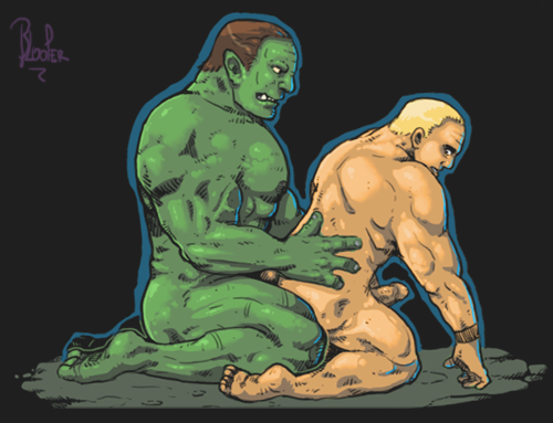 anal_penetration biceps blooper_(artist) duo erection from_behind gay human interspecies kneeling male mammal muscles not_furry orc penetration penis sex side_view