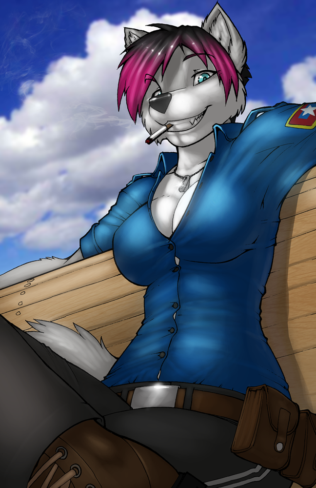 alexia_abnette belt blue_eyes breasts buttoned_shirt canine cigarette cleavage clothed clothing cloud female fur grey_fur hair mammal multi-colored_hair necklace sitting smile solo strype trackpants wolf wooden_bench