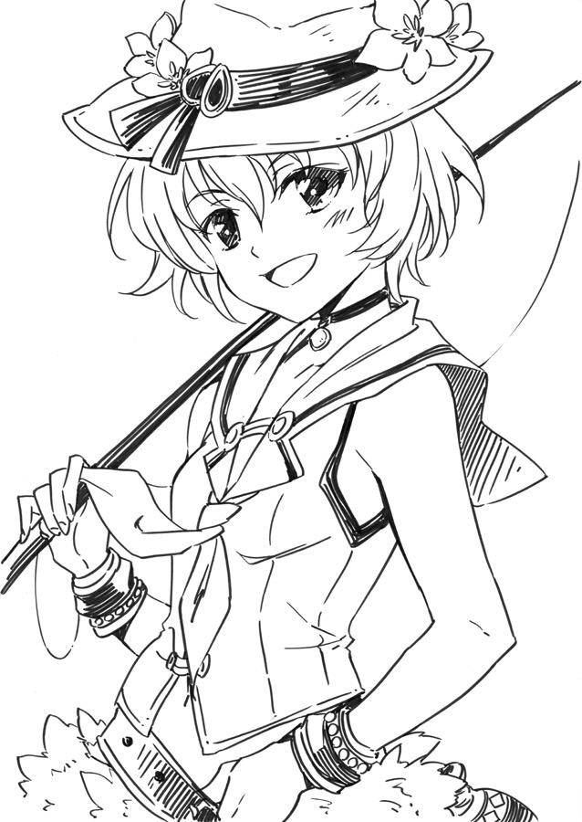 agahari greyscale hat ion_(rune_factory) monochrome open_mouth rune_factory rune_factory_3 short_hair simple_background smile solo white_background