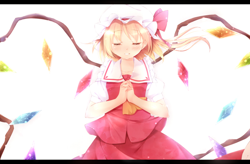 alza ascot blonde_hair blush bow crying flandre_scarlet hands_together happy_tears hat hat_bow letterboxed own_hands_together short_hair side_ponytail simple_background skirt skirt_set smile solo tears touhou white_background wings