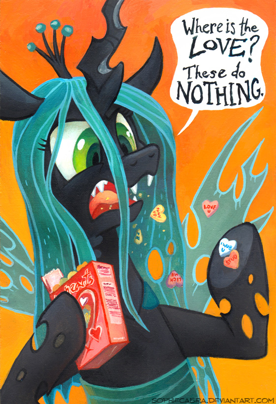 &lt;3 candy changeling dialog disgust eating equine fangs female feral food friendship_is_magic green_eyes hair holes horn long_hair love_hearts mammal my_little_pony queen_chrysalis_(mlp) solo sophiecabra tess_garman text wings