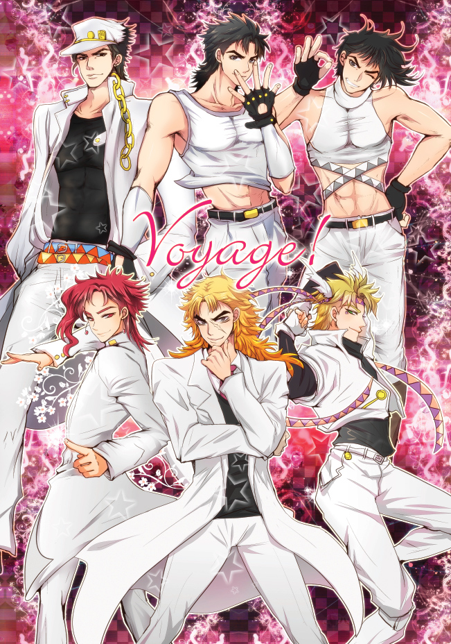 alternate_color battle_tendency black_hair blonde_hair caesar_anthonio_zeppeli chain fingerless_gloves gloves hat headband jojo_no_kimyou_na_bouken jonathan_joestar joseph_joestar_(young) kakyouin_noriaki kuujou_joutarou multiple_boys phantom_blood pink_hair red_hair robert_eo_speedwagon scar stardust_crusaders t7senzo