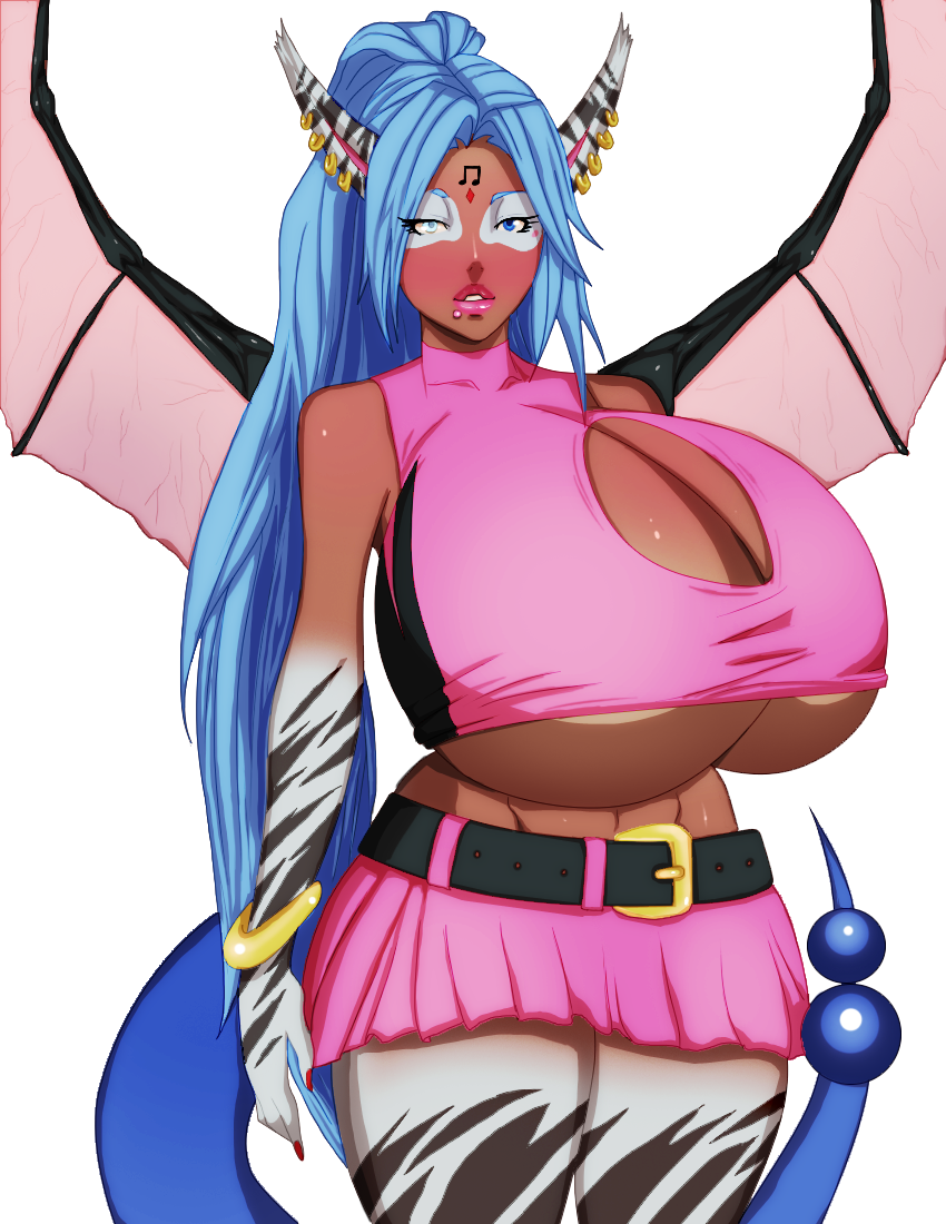beat belt big_breasts blue_hair breasts cleavage clothed clothing dark_skin demon demon_wings dragon eyes facial_mark facial_piercing feline female front hair heterochromia huge_breasts hybrid jewelry mammal markings miniskirt mugenillustrations musical_note nails pink_lips plain_background red_nails shirt simple_background skimpy skirt socks_(marking) solo spread_wings tiger tight_clothing transparent_background under_boob white_tiger wings