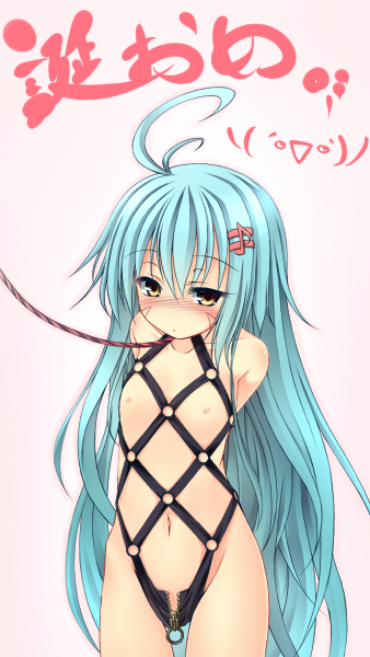 1girl aqua_hair bdsm blush breasts female harness leash long_hair looking_at_viewer maou_mikage nipples solo yellow_eyes