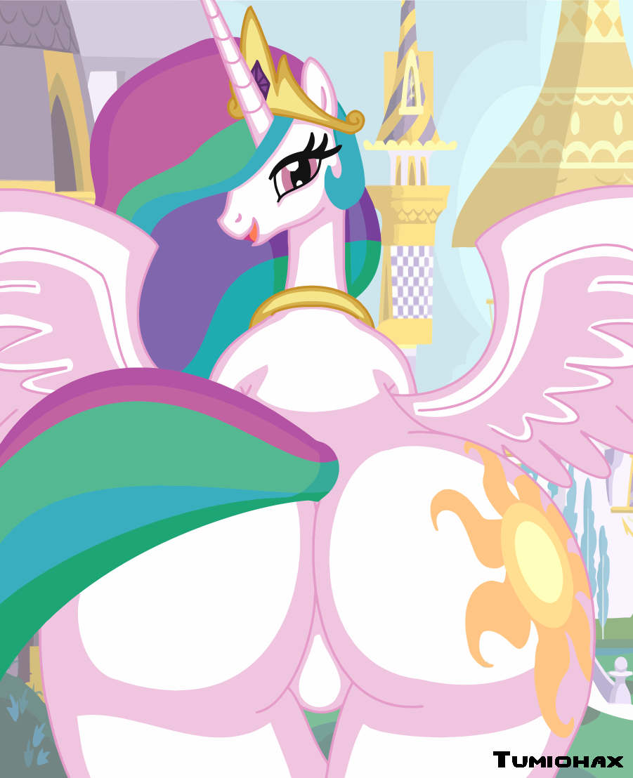 butt castle crown cutie_mark equine female feral friendship_is_magic fur hair horn horse landscape looking_back mammal multi-colored_hair my_little_pony presenting presenting_hindquarters princess princess_celestia_(mlp) purple_eyes royalty smile solo spread_wings tumiohax white_fur winged_unicorn wings