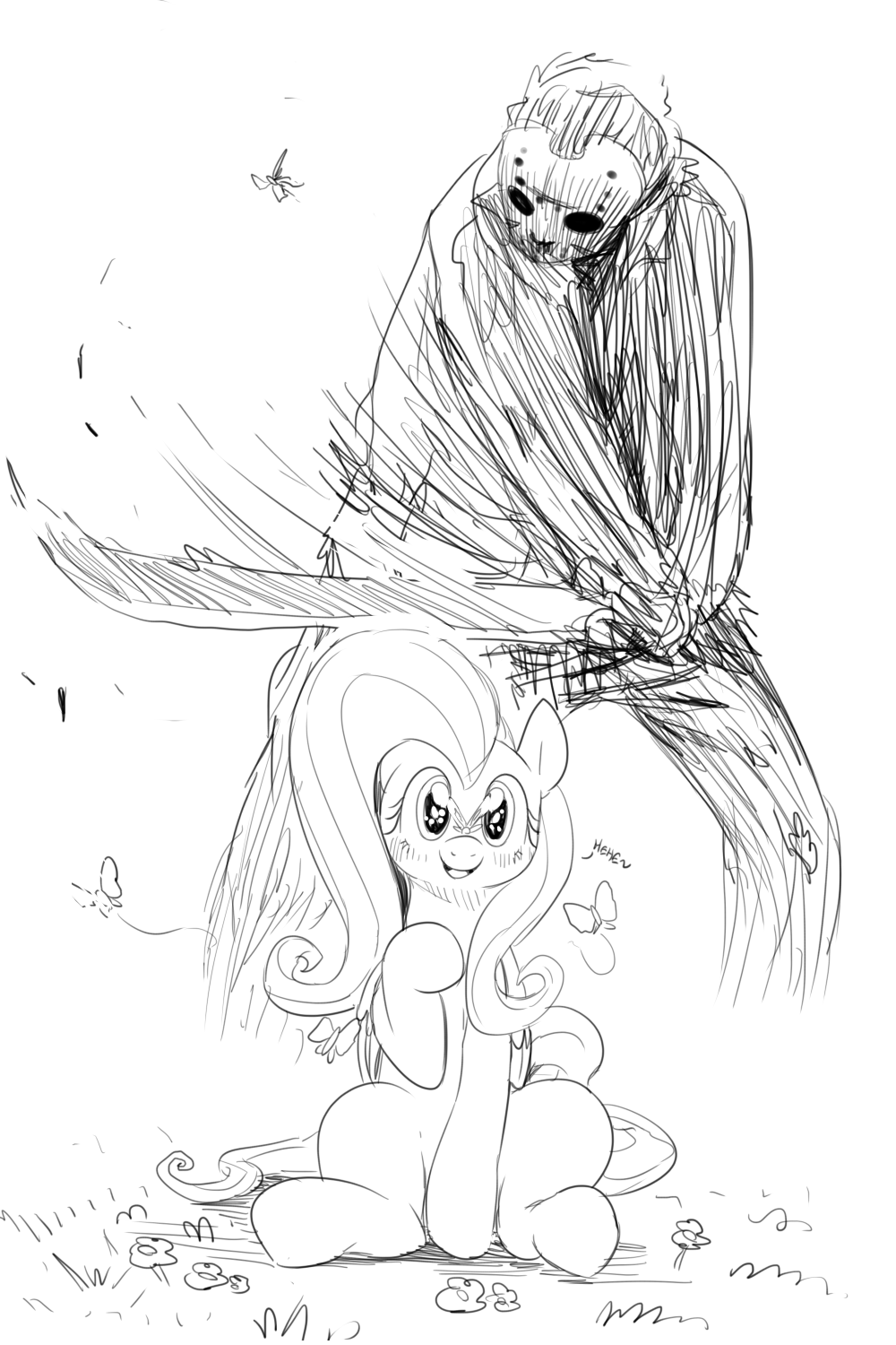 female fluttershy_(mlp) friendship_is_magic greyscale horror horse imminent_death jason_voorhees looking_at_viewer machete male mammal monochrome my_little_pony oh_god_why sketch sunibee sweetsing