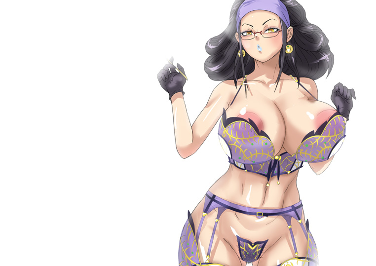 1girl arecia_al-rashia areola_slip areolae black_hair bra breasts curvy earrings female final_fantasy final_fantasy_type-0 glasses gloves huge_breasts jewelry large_areolae long_hair milf mound_of_venus navel nipples pasties pubic_hair see-through shibire_hitsuji simple_background solo sonsonka standing underwear white_background yellow_eyes