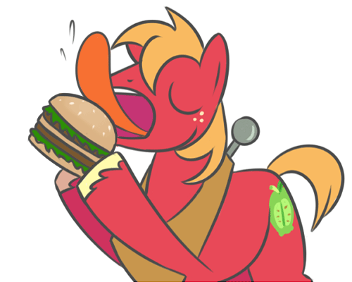 animated big_mac big_macintosh_(mlp) blonde_hair cutie_mark equine eyes_closed feral food freckles friendship_is_magic fur hair horse lettuce licking male mammal my_little_pony plain_background pony red_fur solo tongue txlegionnaire white_background yoke