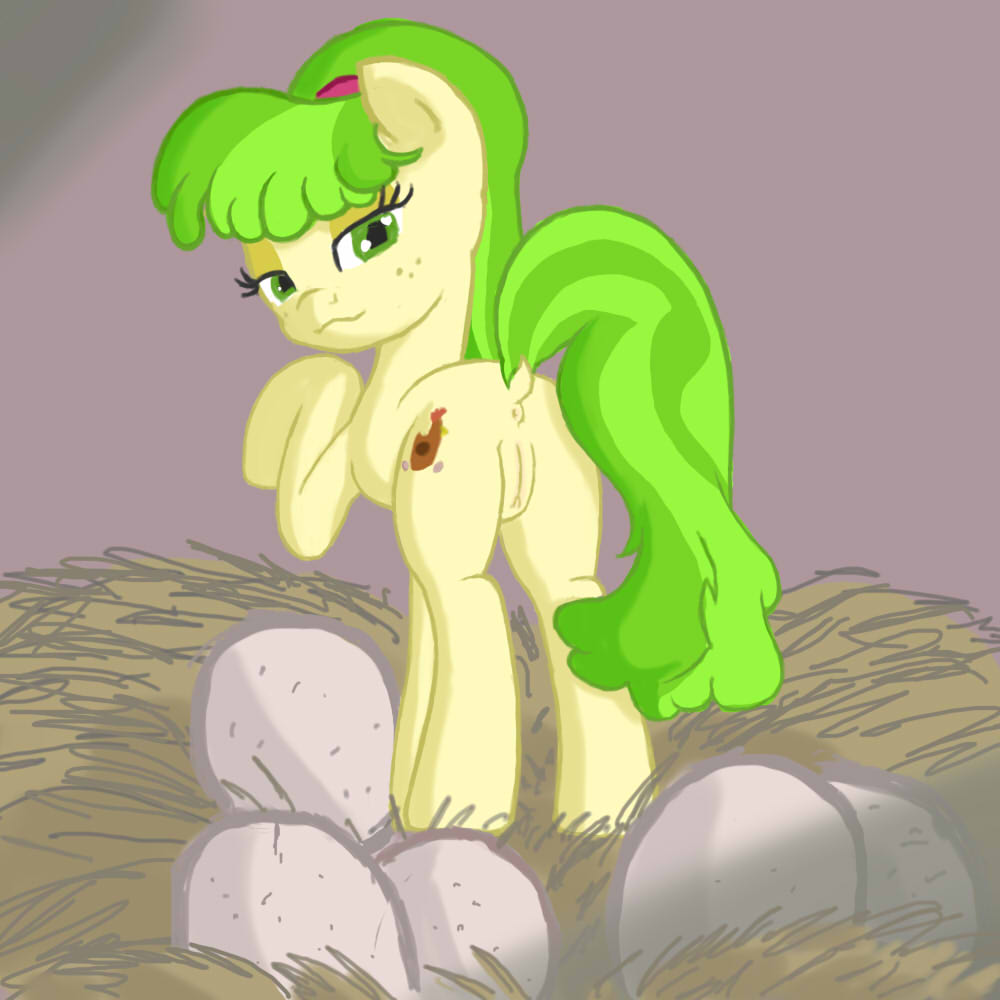 anus beauty_mark cutie_mark egg equine female feral freckles friendship_is_magic fur green_eyes green_hair hair hay horse incubating lemonscent looking_back mammal ms_peachbottom_(mlp) my_little_pony pony pussy solo yellow_fur