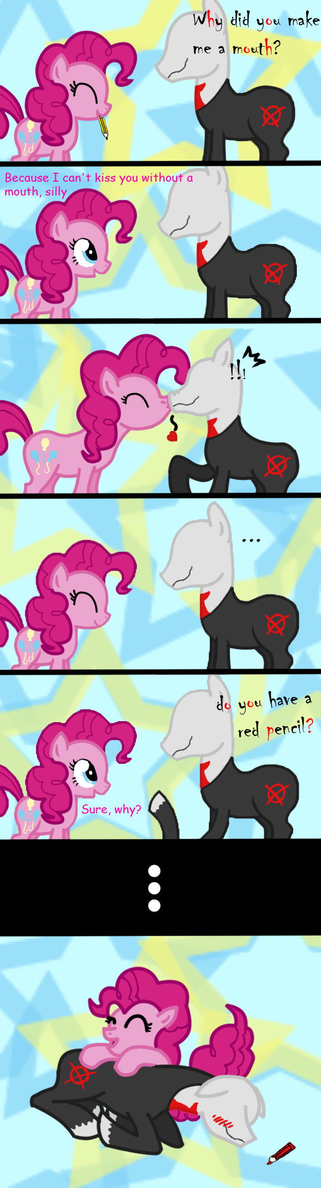 ! &lt;3 ... 2011 aguantegrimtales blue_eyes color_pencil comic cuddling cutie_mark dialog duo english_text equine female feral friendship_is_magic fur hair horse kissing male mammal my_little_pony pencil pink_body pink_fur pink_hair pinkie_pie_(mlp) pony slenderman straight suit text